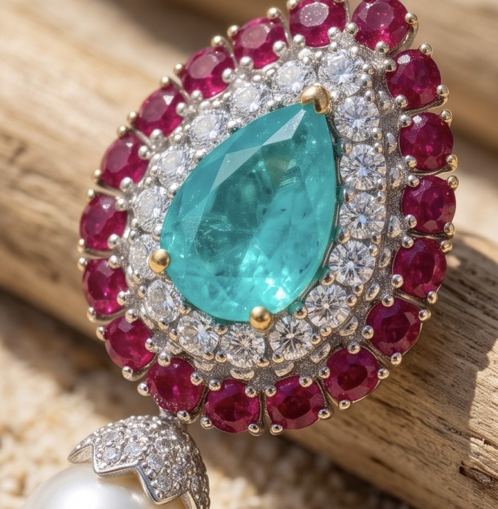 Classic Vintage Beauty - 10.5 carat Colombian Emerald 4.2 Ruby .925 Sterling Silver dipped in Rhodium handcrafted earrings - Close-up of vintage jewelry with emerald and ruby stones.