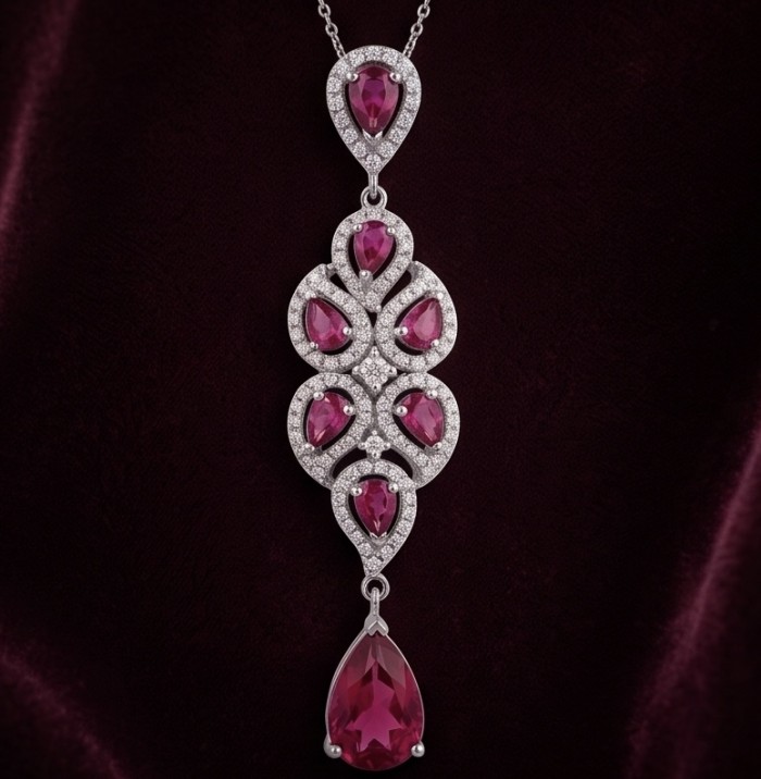 5.2 carat authentic Mozambique Ruby rhodium over .925 Sterling Silver handmade Pendant - Elegant pendant with Mozambique rubies and diamonds on velvet background