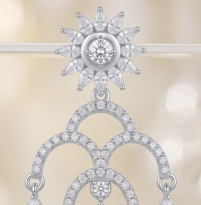 Classy Beauty Genuine 2.4 carat Moissanite .925 Sterling Silver handcrafted Earrings - Moissanite earring close-up with floral design in sterling silver.