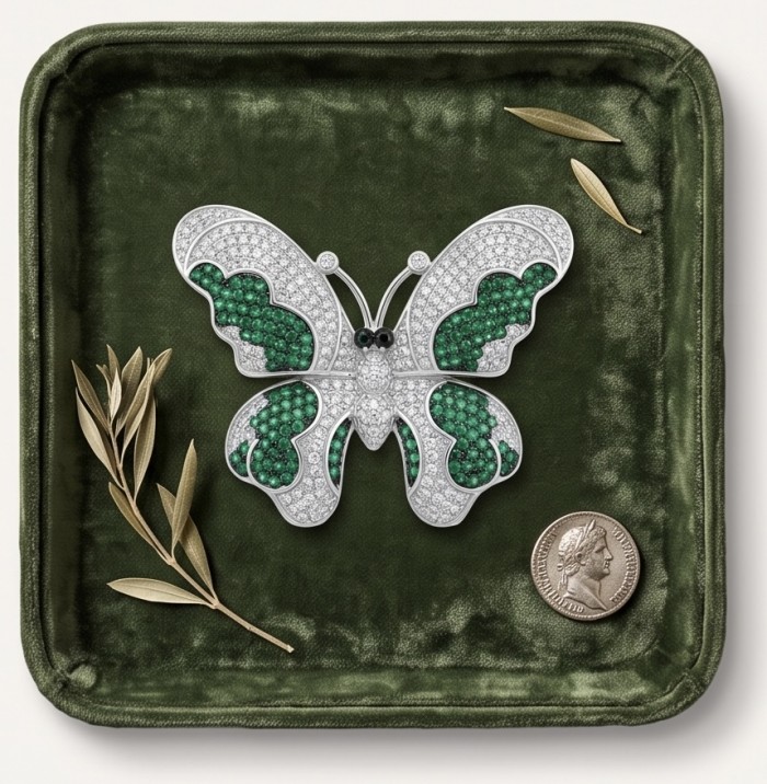 Precious Butterfly Genuine pave 6.5 carat Emerald .925 Sterling Silver handmade LARGE Statement Ring size 6 1/2 - Butterfly brooch with emeralds on velvet, top view, coin for scale.