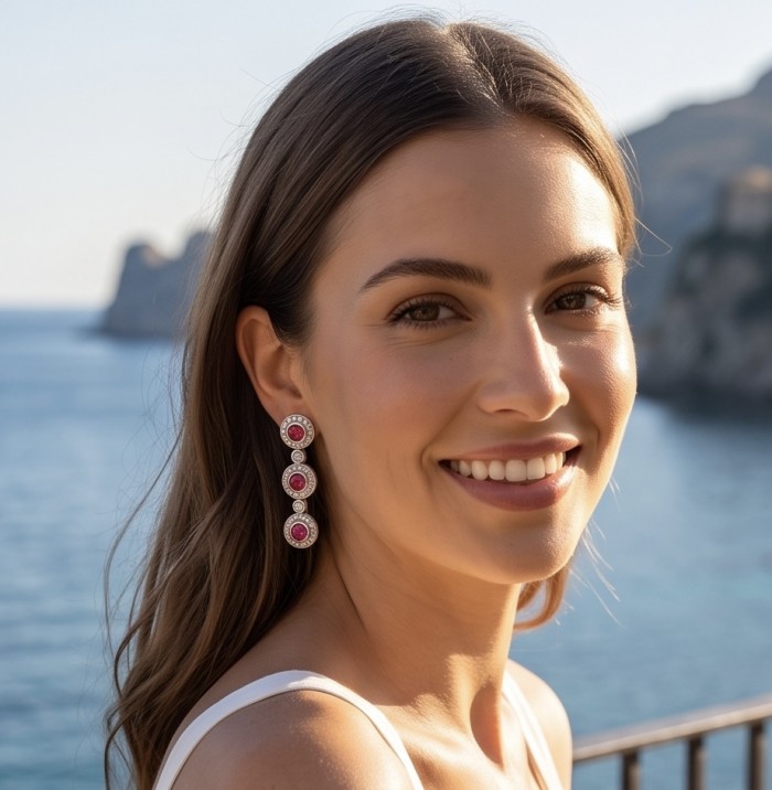 Serenade authentic 7.5 carat Brazilian Pink Topaz rhodium over .925 Sterling Silver handcrafted Earrings - Woman wearing Serenade Brazilian Pink Topaz earrings by the sea.