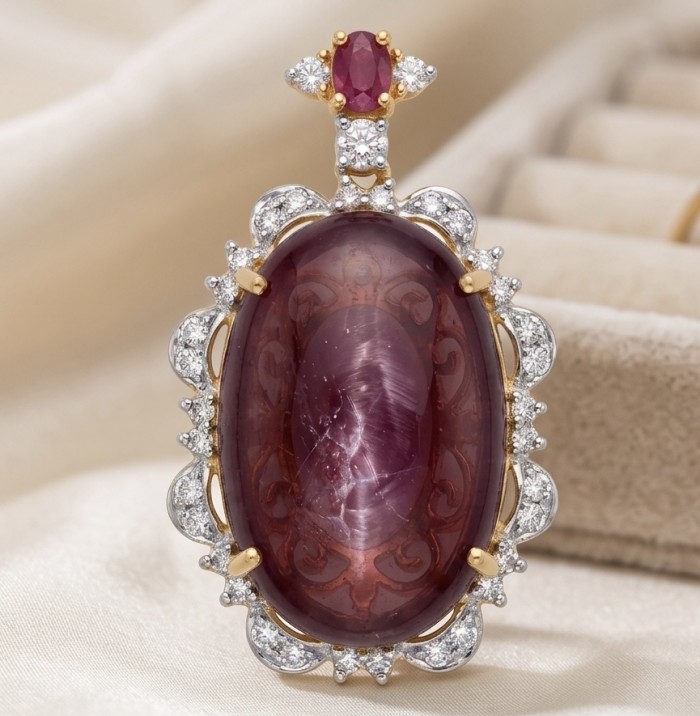Rare finding! Deluxe 65.4 carat authentic Kashmir Star Ruby 22K Gold over .925 Sterling Silver handmade Statement Pendant - Close-up of a deluxe 65.4 carat Kashmir Star Ruby pendant.