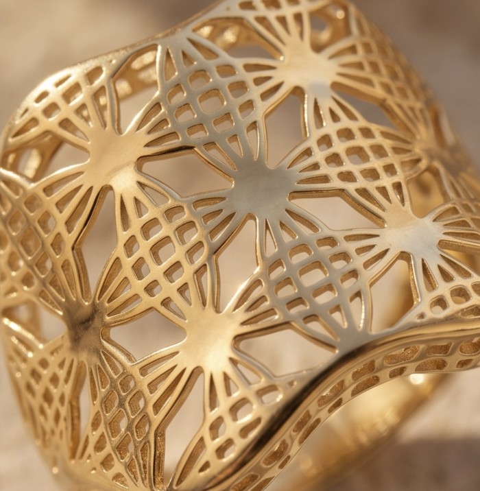 GOLDEN MYSTERY - Dubai Style - .925 Sterling Silver dipped in 22K Gold handmade ring size 9 - Close-up of Dubai Style gold filigree pattern ring.