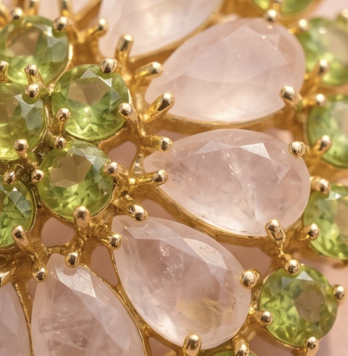 Vintage Floral design genuine 48.5 carat Brazilian Rose Quartz 18k Gold over .925 Sterling Silver handmade Pendant - Brooch - Stone close-up of vintage floral design with green and pink gems