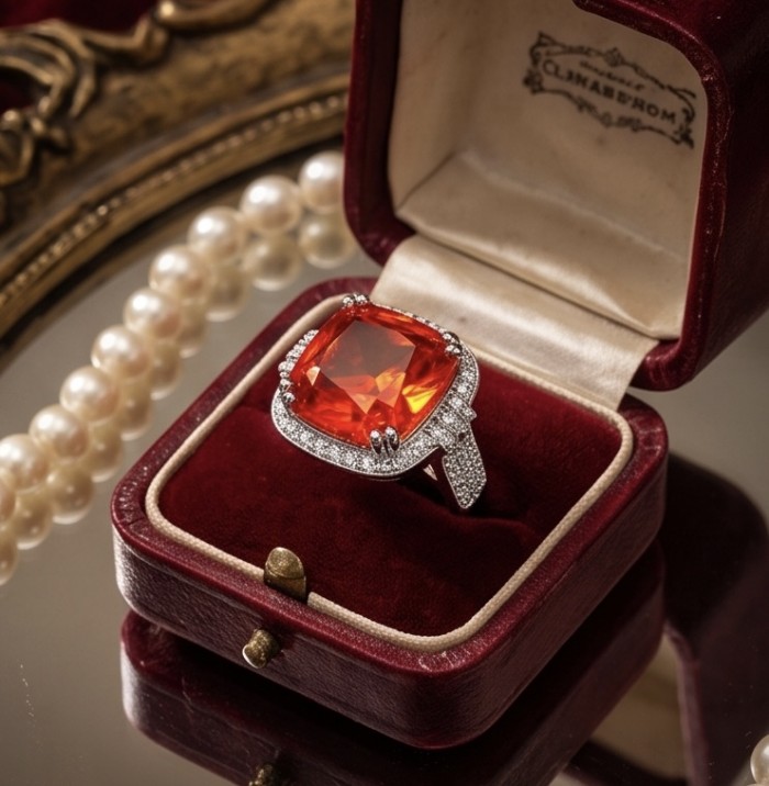 Vivid Energy 19.4 ctw Red Topaz .925 Sterling Silver handcrafted Statement Ring size 7 - Red Topaz ring in box, top view with pearl necklace nearby.