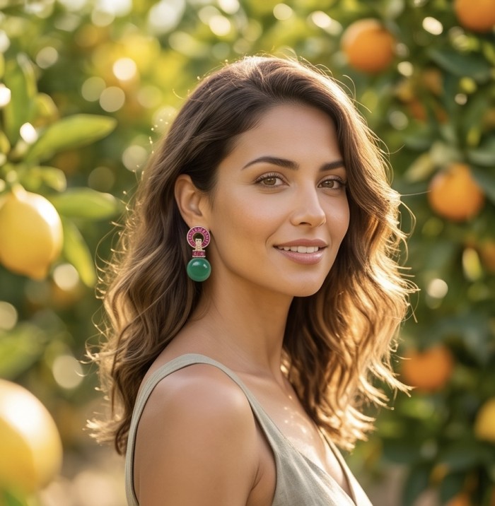 Art Deco Unique 10.8 carat genuine Jade 1.2 carat Ruby 18K Gold over over .925 Sterling Silver handcrafted earrings - Woman wearing art deco jade and ruby earrings in orchard setting.