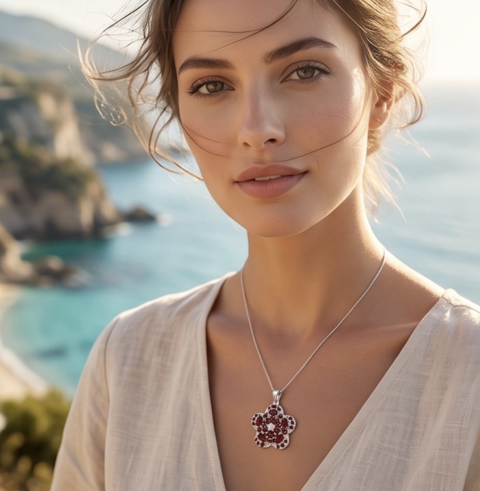 María Rosa - Real Art - Natural 10.2 carat Garnet .925 Sterling Silver handcrafted Statement Pendant - Woman wearing María Rosa garnet necklace against scenic coastal backdrop.