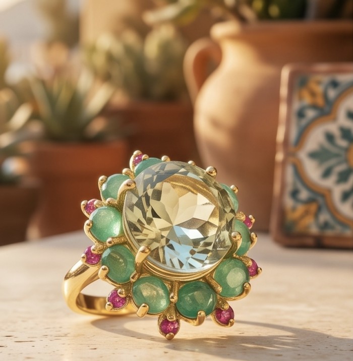 Isabel Authentic 18.7 carat Green Amethyst 22K Gold over .925 Sterling Silver handcrafted Statement Ring size 9 - Close-up of Isabel Authentic green amethyst ring in sunlight.