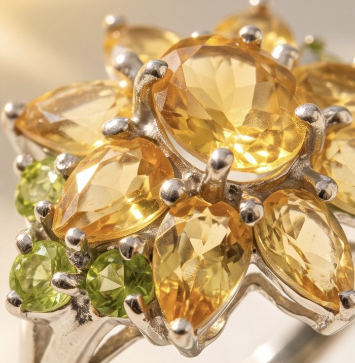 Victoria Authentic 15.5 carat Brazilian Citrine .925 Sterling Silver brilliantly dipped in rhodium handcrafted Statement ring; s. 8 - Close-up of Victoria Authentic Citrine ring with peridot accents.