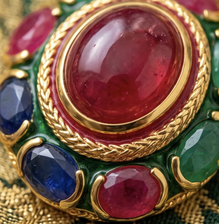 Giovanna 20.5 carat Emerald Ruby Sapphire 22k Gold over .925 Sterling Silver handcrafted Pendant - Close-up of gems on Giovanna 20.5ct jewelry in gold setting