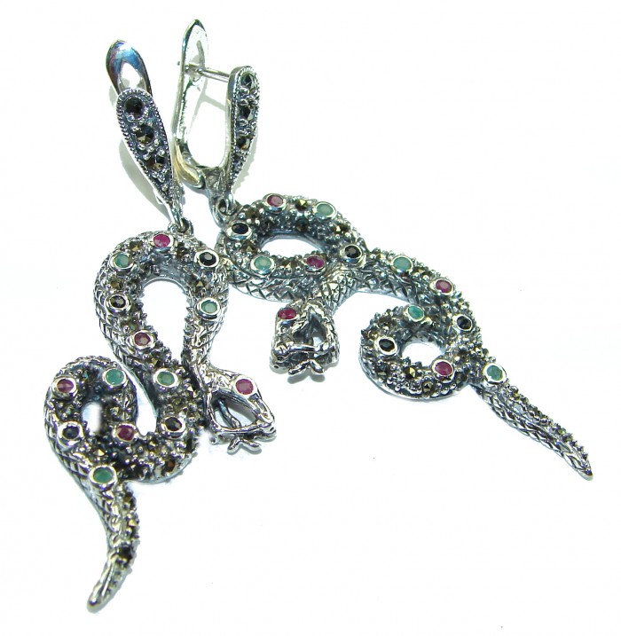 Snakes Ruby Emerald Sapphire .925 Sterling Silver Earrings - photo 2
