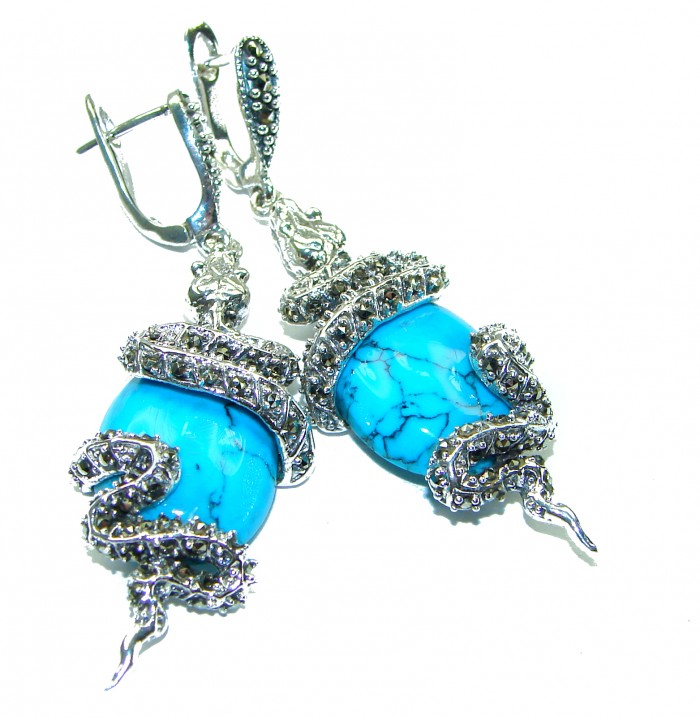 Great authentic Marcasite Turquoise .925 Sterling Silver handcrafted Earrings - photo 3