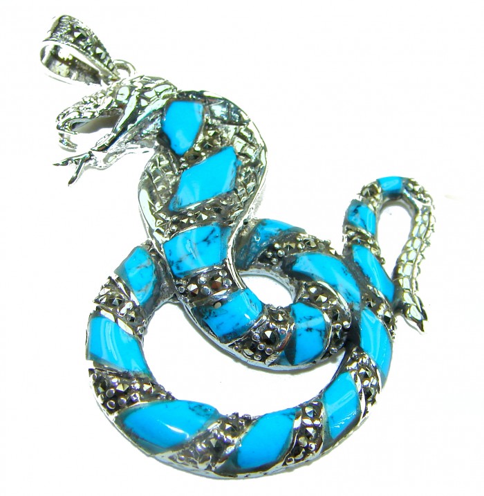 Blue Cobra Snake inlay Turquoise .925 Sterling Silver handcrafted Pendant - photo 3