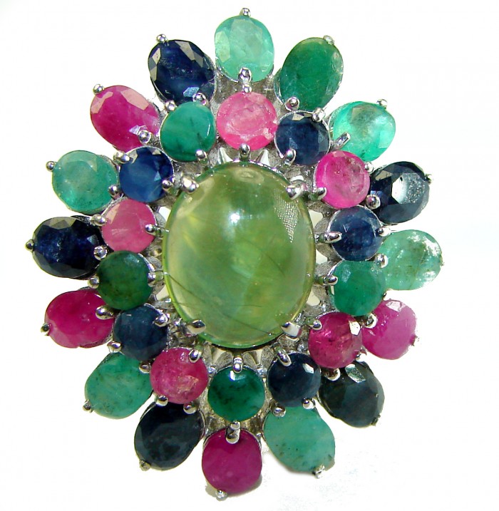 Incredible 45.5 carat Prehnite Ruby Emerald Sapphire . 925 Sterling Silver Ring s. 7 - photo 3