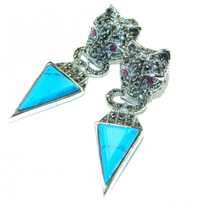 Spectacular Blue Panthers inlay Turquoise .925 Sterling Silver handcrafted Earrings - photo 3