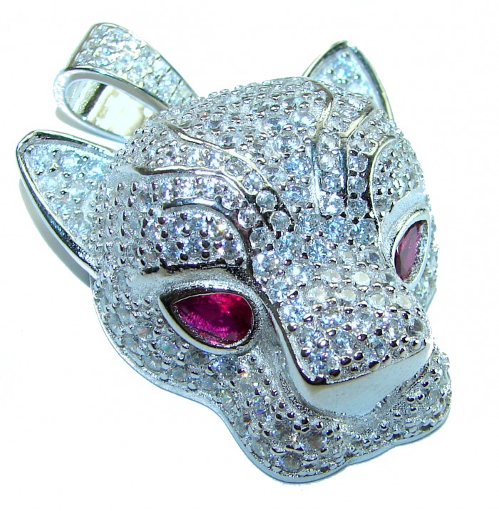 Precious Wild Cheetah 29.8 carat White Sapphire Ruby .925 Sterling Silver handmade Pendant - photo 2