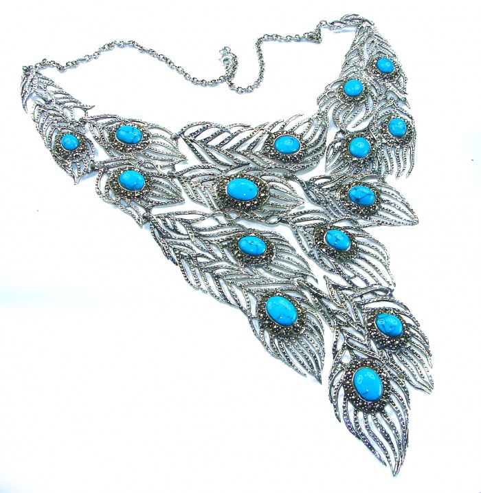 HUGE 102.9 grams Peacock Feather design genuine Turquoise .925 Sterling Silver handcrafted Necklace - Peacock feather design necklace with turquoise stones, flat layout.