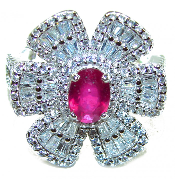 Art Deco - 6.8 carat Authentic Ruby .925 Sterling Silver Handcrafted Ring size 7 1/2 - Ruby ring close-up, floral design with silver and diamond accents