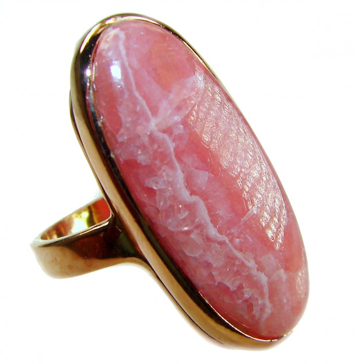 Large top quaity Argentinian Rhodochrosite 18K Gold over .925 Sterling Silver handmade ring size 8 ADJUSTABLE - Close-up of large Argentinian Rhodochrosite ring in 18K gold setting.