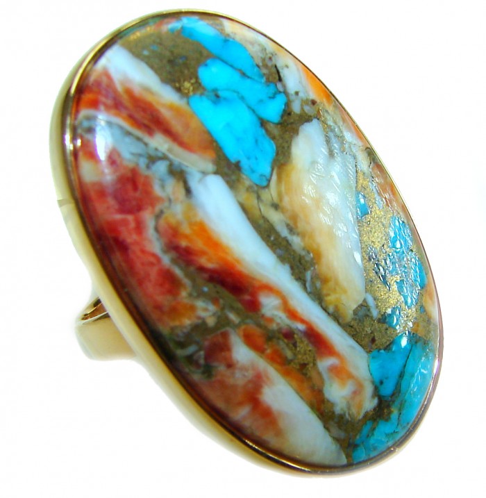 Rare 46.5 carat Oyster Turquoise 18K Gold over .925 Sterling Silver handcrafted Large ring; s. 8 adjustable - Close-up of rare Oyster Turquoise ring with 18K Gold over .925 Sterling