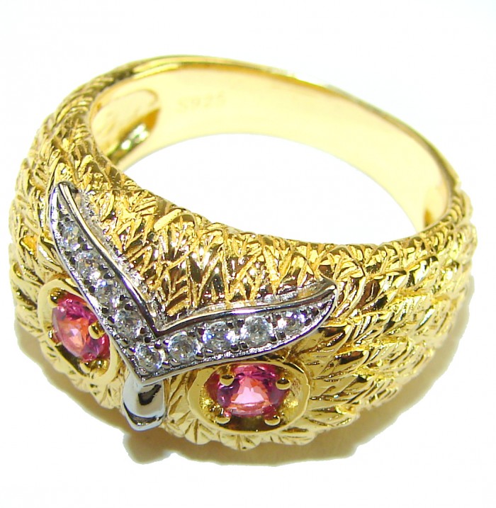 Owl Garnet Eyes .925 Sterling Silver dipped in real Gold handmade Ring size 9 - Owl ring with garnet eyes, detailed side view in gold-dipped silver.