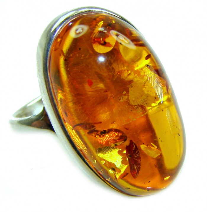 Beauty of the Nature Baltic Amber .925 Sterling Silver handcrafted ring; s. 7 adjustable - Close-up of Baltic amber ring with .925 sterling silver setting