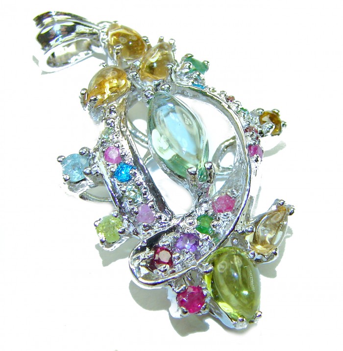 Mystery 12.6 carat Green Amethyst Peridot Citrine Sapphire .925 Sterling Silver handcrafted pendant - Colorful gemstone pendant with side view showing stones detail.