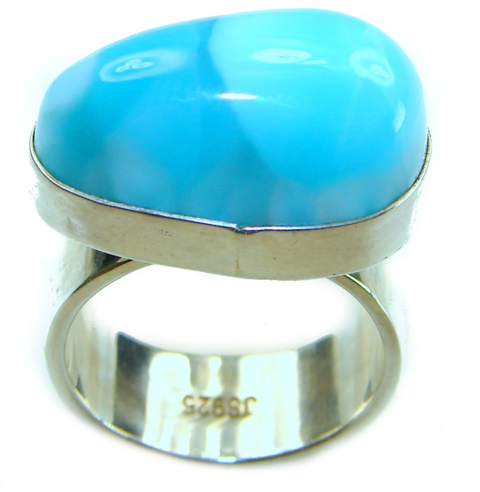 Blue Perfection AUTHENTIC Larimar .925 Sterling Silver handmade Large ring size 6 3/4 - Blue Larimar and .925 silver ring, top angle view.