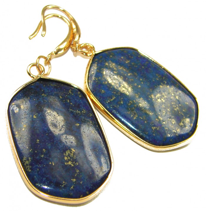 Gorgeous Lapis Lazuli 14K Gold over .925 Sterling Silver handcrafted earrings - Close-up of lapis lazuli earrings with gold hooks and settings.
