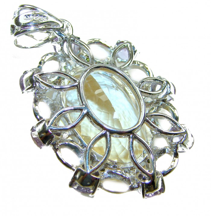 Luxurious Oval cut 32.3 carat Brazilian Citrine rhodium over .925 Sterling Silver handcrafted LARGE pendant - Close-up of Luxurious 32.3 carat Brazilian Citrine pendant design