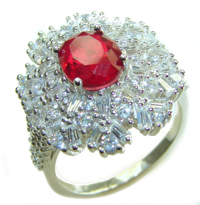 Stella - 4.2 carat Kashmir Ruby .925 Sterling Silver dipped in Rhodium handcrafted incredible ring s. 8 - Close-up of Stella ring with 4.2 carat Kashmir ruby in sterling silver