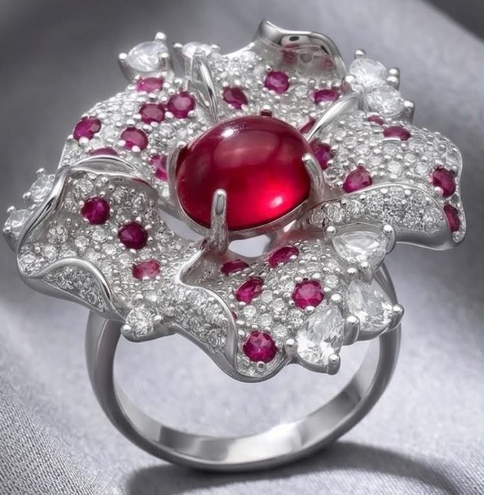 Carmen Natural 6.4 carat Ruby .925 Sterling Silver dipped in rhodium handmade Large Statement Ring size 9 - Close-up of Carmen 6.4 carat ruby ring in .925 sterling silver.