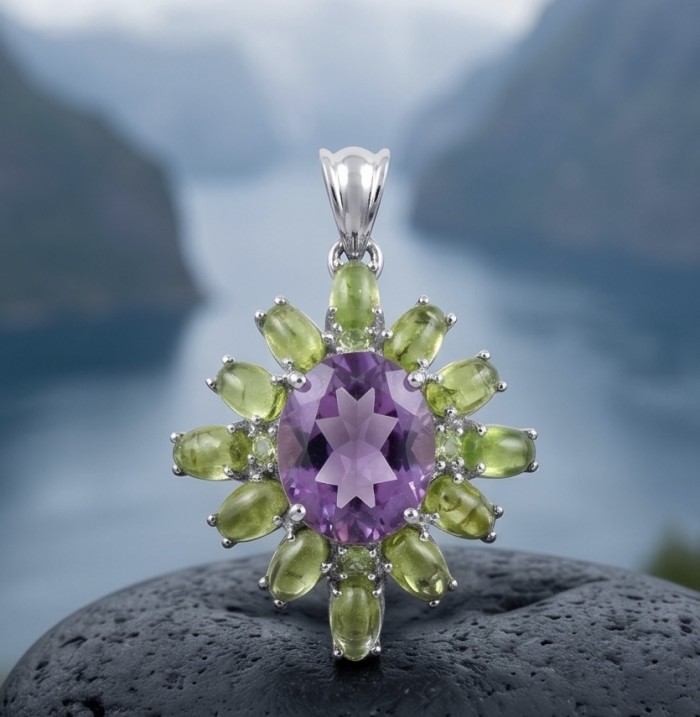 Mademoiselle -12.5 carat natural Amethyst Peridot .925 Sterling Silver dipped in Rhodium handcrafted Pendant - Close-up of Mademoiselle pendant: amethyst, peridot on silver setting.