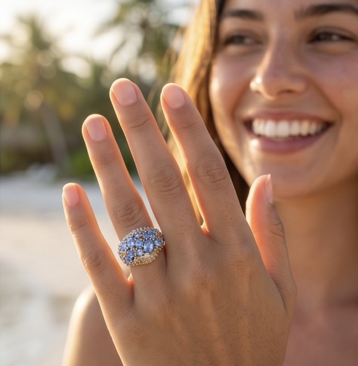 Born to Glam 5.2 carat natural Tanzanite .925 Sterling Silver Perfectly handcrafted Ring s. 8 - Tanzanite ring worn on hand, close-up view.