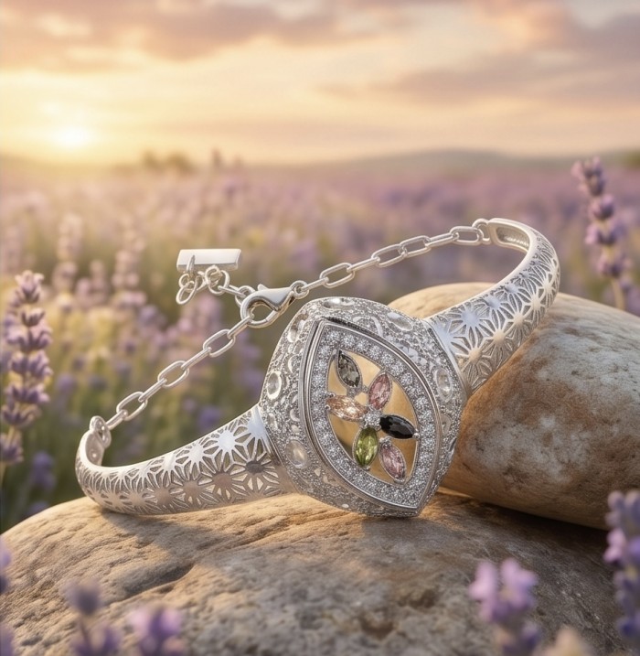 Casablanca - authentic 3.6 carat Brazilian Tourmaline .925 Sterling Silver Bracelet - Bracelet with Brazilian tourmaline on rocks in a lavender field at sunset