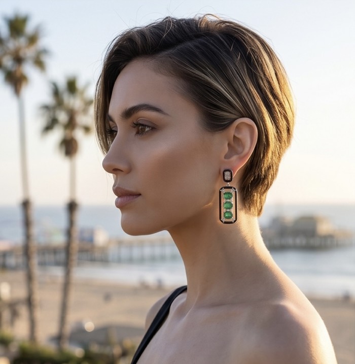 Art Deco 8.2 carat Colombian Emerald .925 Sterling Silver handcrafted Statement earrings - Side view of Art Deco Colombian Emerald earrings worn on model