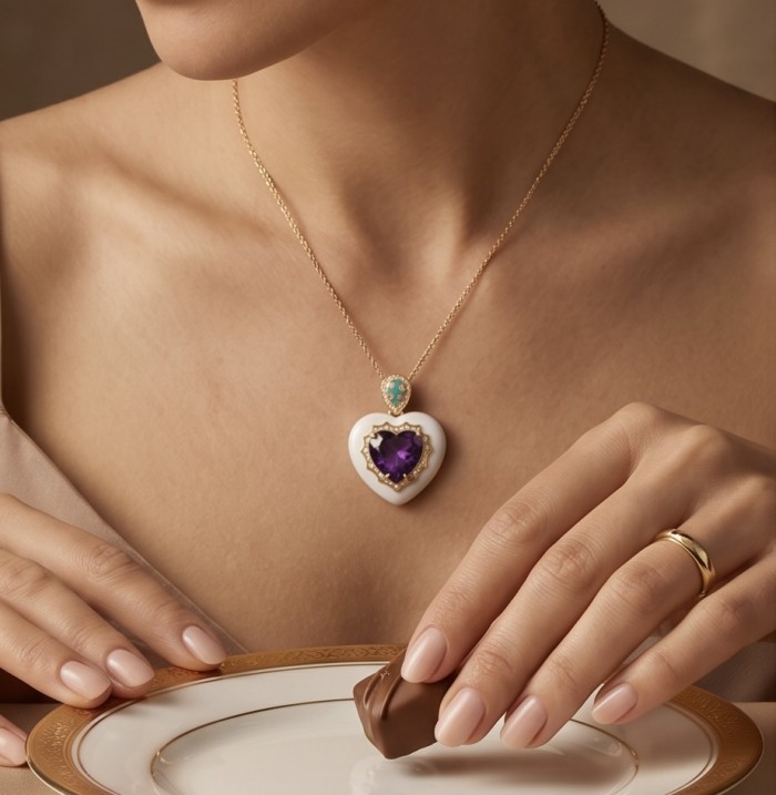 Lavender Love 14.5 carat natural Amethyst Enamel 22K Gold over .925 Sterling Silver Handcrafted Pendant - Amethyst heart pendant worn on neck, holding chocolate.