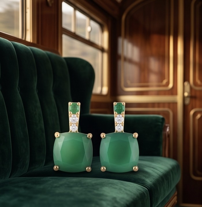 Assher cut 3.8 carat COLOMBIAN Emerald 22k Gold over .925 Sterling Silver handmade Earrings - Elegant emerald earrings set on a vintage train seat, front view.