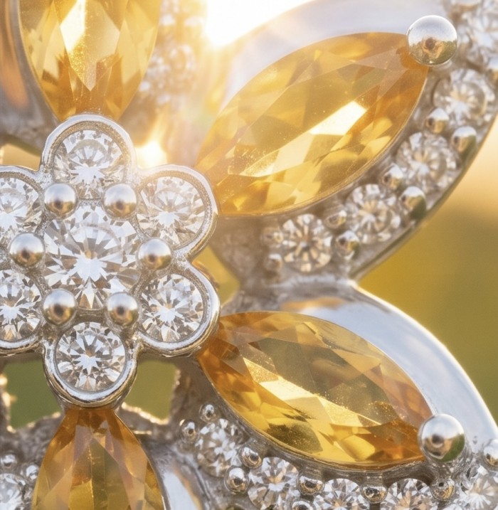 Golden Star 8.5 carat Brazilian Citrine .925 Sterling Silver dipped in Rhodium handmade Pendant - Close-up of Golden Star Citrine in sterling silver with surrounding gems