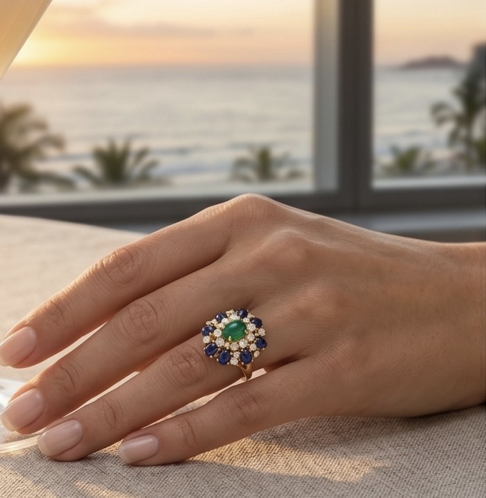 Colombian's Brilliance - emerald cut 4.7 carat Colombian Emerald 18K Gold over .925 Sterling Silver handcrafted Ring s. 6 - Emerald ring worn on hand, sunset background