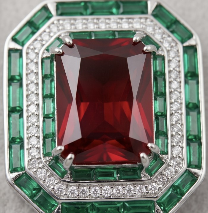 Art Deco 19.4 ctw Ruby Emerald .925 Sterling Silver handcrafted Large Statement necklace - Close-up of ruby and emerald Art Deco sterling silver jewelry.