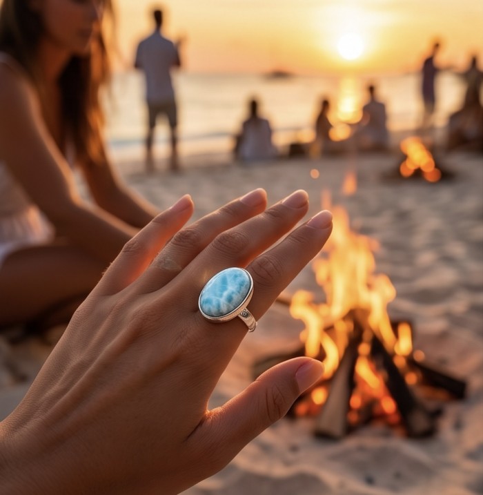 Large 14.9 carat Blue Perfection Blue Larimar .925 Sterling Silver handmade Large ring size 7 adjustable - Blue Larimar ring worn on hand by a beach bonfire at sunset.