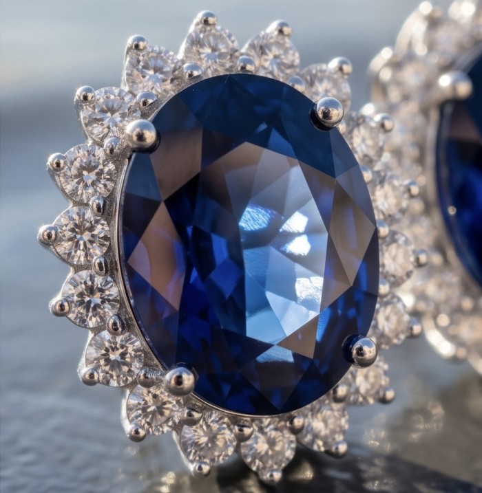 Giovanna - Authentic oval cut 6.8 carat Tanzanite .925 Sterling Silver handcrafted earrings - Close-up of oval cut Tanzanite ring with diamond accents.