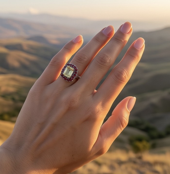 Golden Dream 9.8 carat Brazilian Citrine Garnet .925 Sterling Silver Handcrafted Ring size 8 - Hand wearing Golden Dream citrine and garnet ring, outdoor background