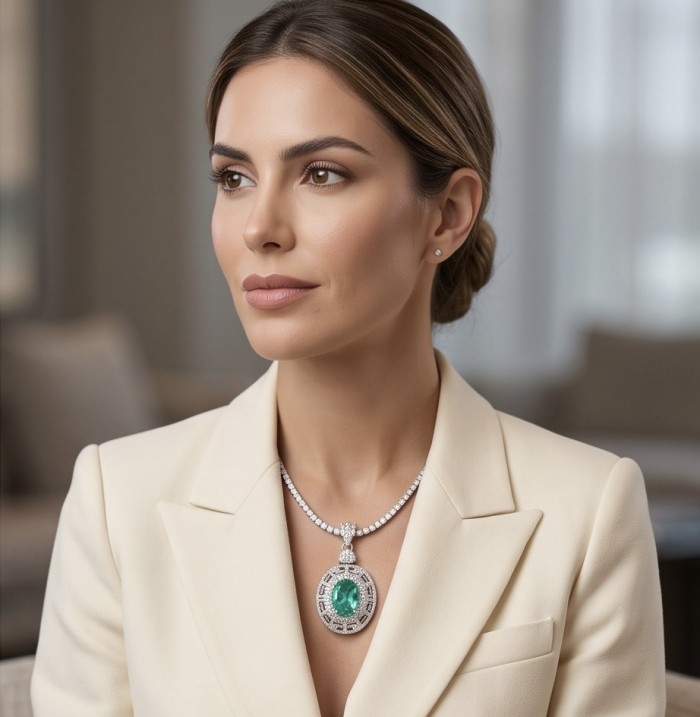 Colombian Briliance - oval cut 22.7 carat Emerald .925 Sterling Silver handcrafted necklace - Woman wearing oval cut 22.7 carat emerald necklace front view