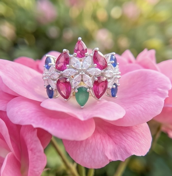 Valentina Genuine Ruby Emerald Sapphire rhodium over .925 Sterling Silver handcrafted Statement Ring size 8 - Colorful gemstone ring on flower, front view close-up