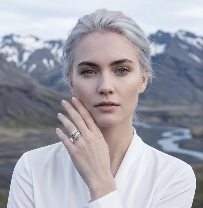 Luxurious - 7.2 carat White Topaz Sterling Silver handcrafted ring size 7 - Woman wearing luxurious white topaz ring with mountain background.