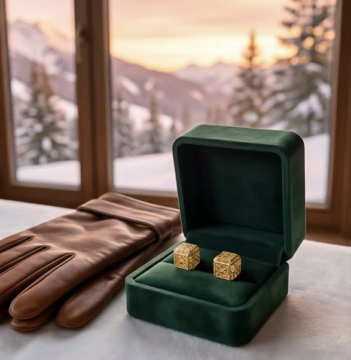 Black Label Collection -golden cubes- Dubai Style - Natural 22K Gold over .925 Sterling Silver handmade earrings - Golden cufflinks in green velvet box with gloves, snow view background