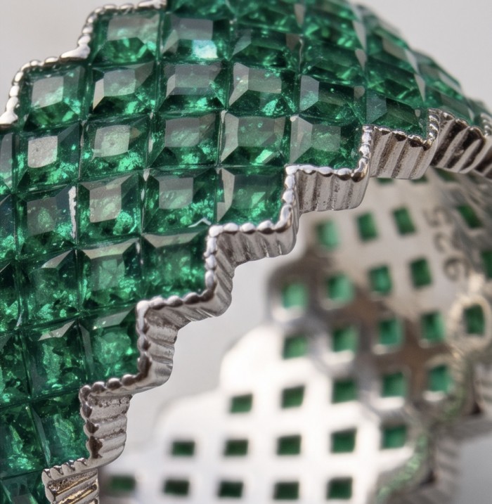 Eliza - authentic 8.7 carat Emerald .925 Sterling Silver Eternity Ring size 6 1/2 - Close-up of Eliza emerald ring, 8.7 carat, .925 sterling silver.