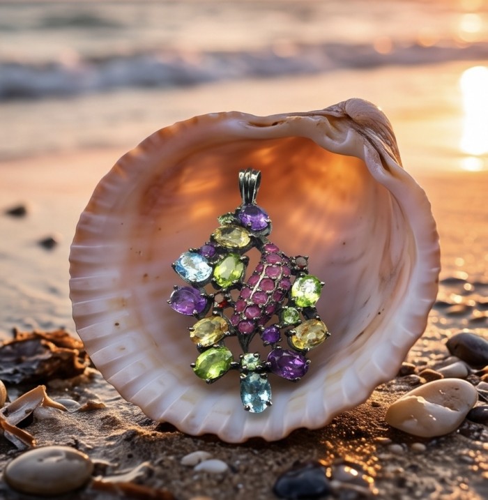 Divine Protection 25.8 carat Precious Multigem black rhodim .925 Sterling Silver dipped in rhodium Pendant - Multigem pendant in a shell on a beach at sunset